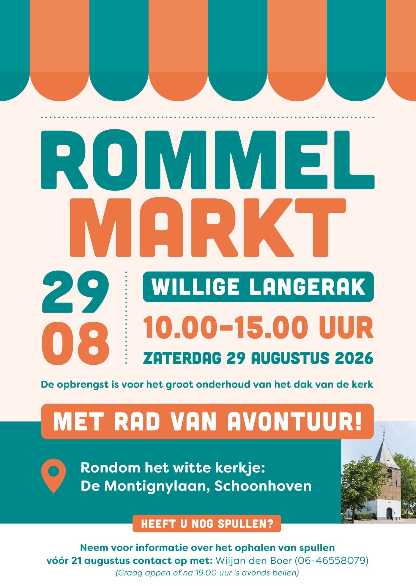 Poster Rommelmarkt 2026 — zaterdag 29 augustus, 10.00 tot 15.00 uur, rondom het witte kerkje aan De Montignylaan in Schoonhoven, met Rad van Avontuur.